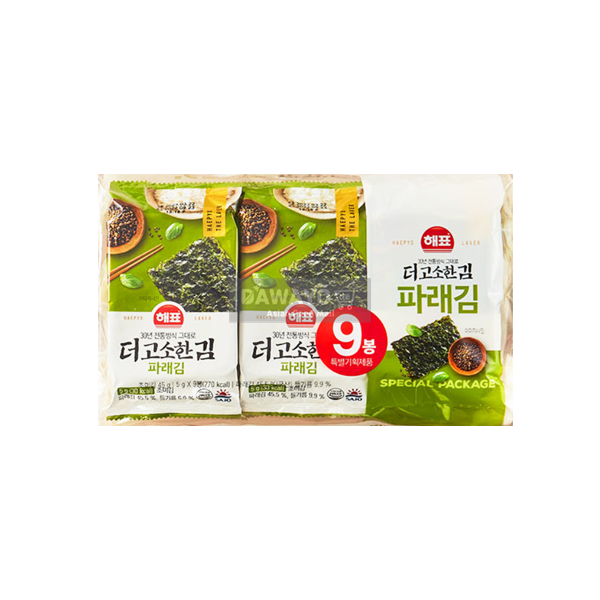 Sajo Haepyo Extra aromatischer grüner Seetang (Parae-gim) – Lunchbox-Packungen, 9 Stück, 45 g (5 g x 9)