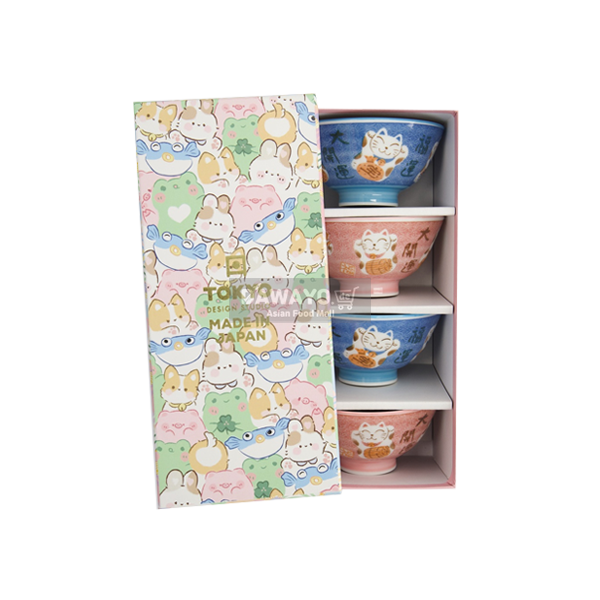 카와이 행운의 고양이 블루·핑크 밥그릇 4P 선물세트 (이미지 랜덤발송)